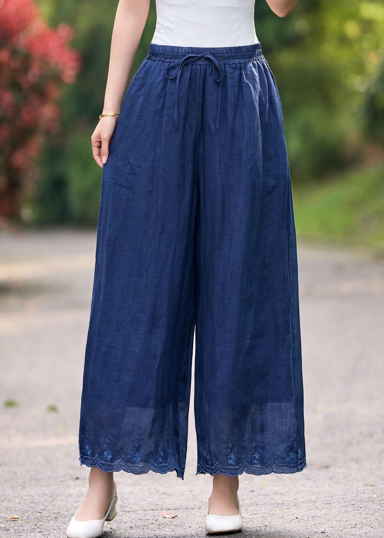 Casual Pink Embroidered Elastic Waist Linen Pants Summer