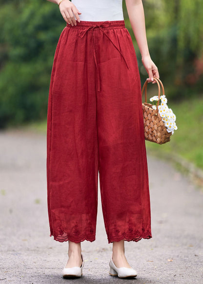 Casual Pink Embroidered Elastic Waist Linen Pants Summer
