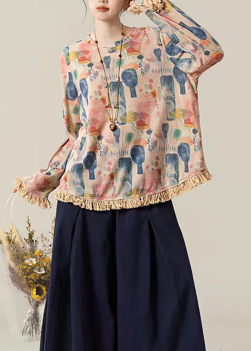 Casual Pink Floral Print O-Neck Oversized Tassel Shirt Long sleeve