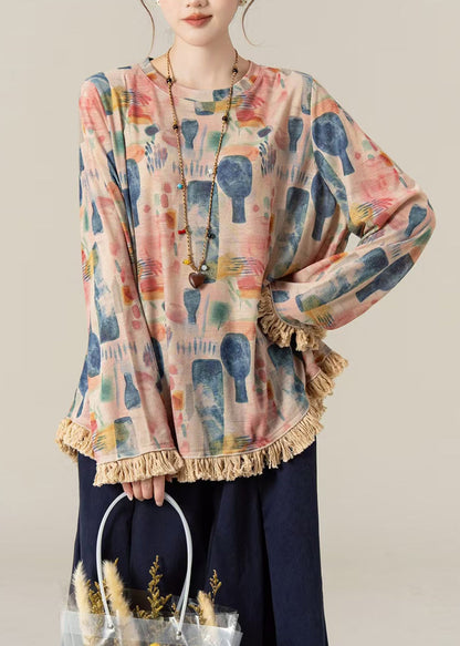 Casual Pink Floral Print O-Neck Oversized Tassel Shirt Long sleeve