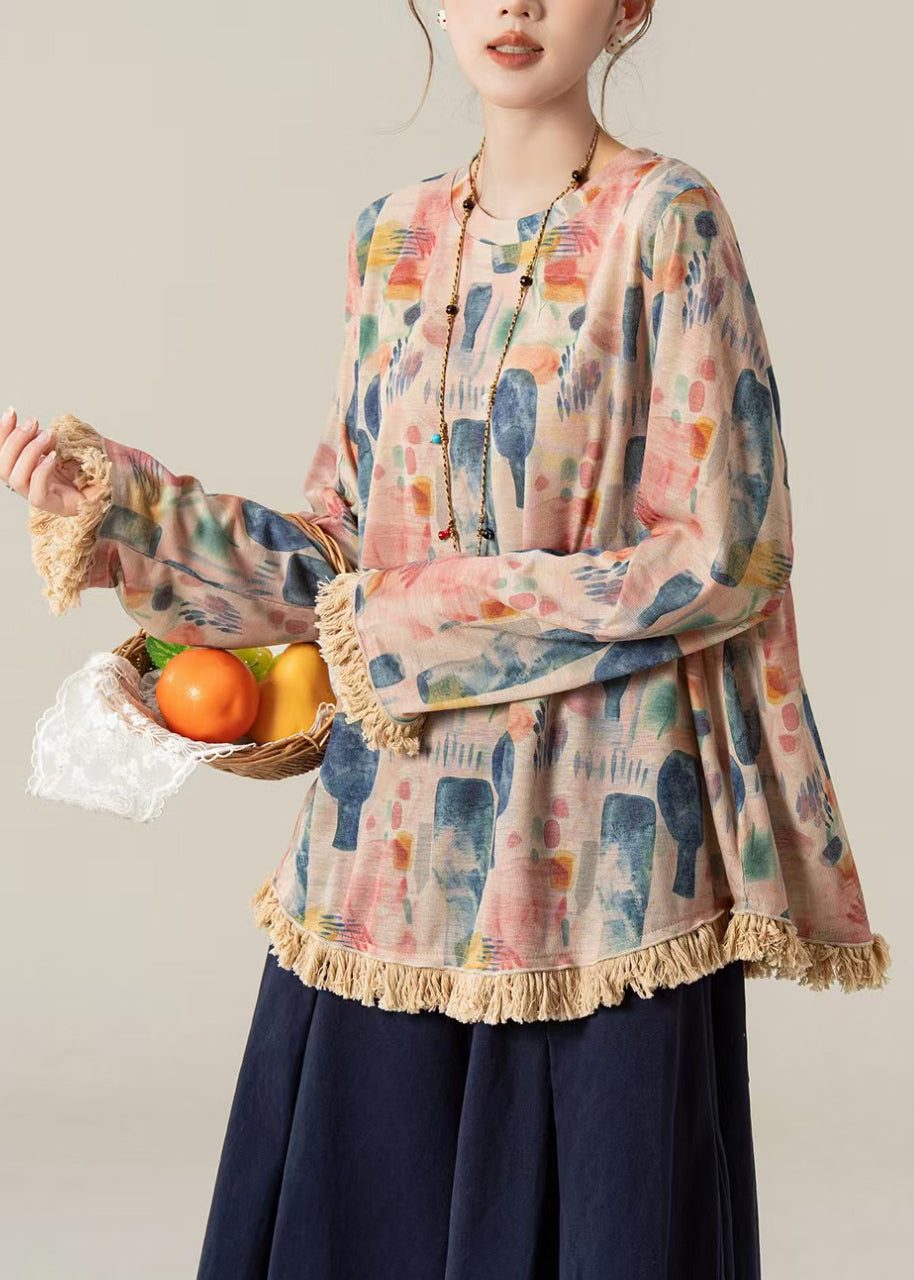 Casual Pink Floral Print O-Neck Oversized Tassel Shirt Long sleeve