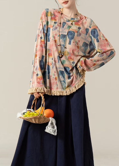 Casual Pink Floral Print O-Neck Oversized Tassel Shirt Long sleeve