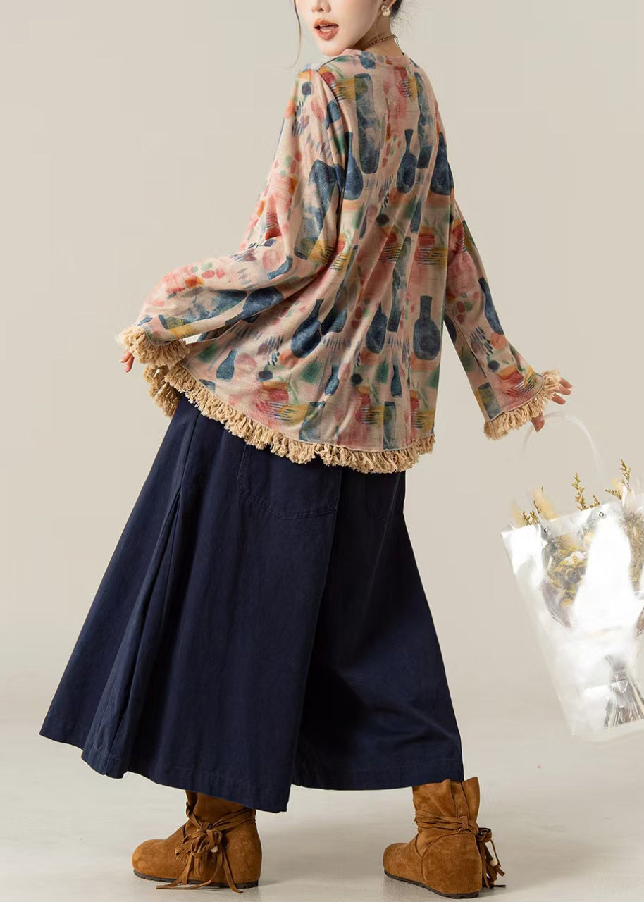 Casual Pink Floral Print O-Neck Oversized Tassel Shirt Long sleeve