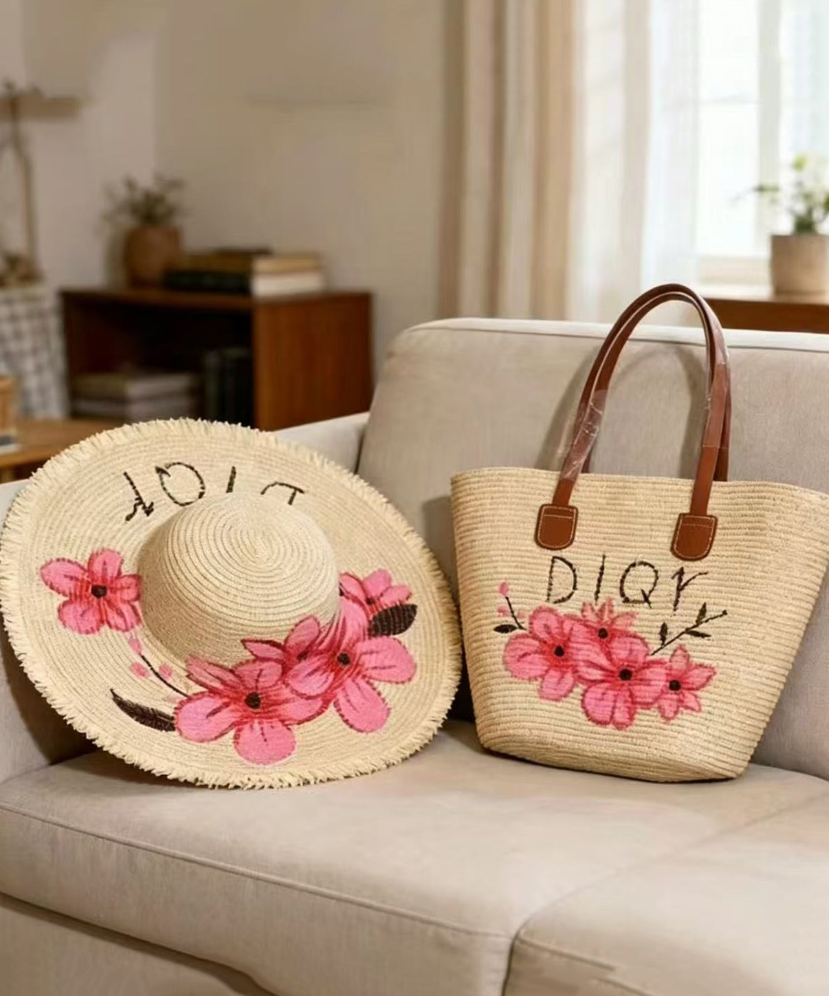 Casual Pink Flower Print Straw Woven Floppy Sun Hat And Shoulder Handbag Two Pieces Set