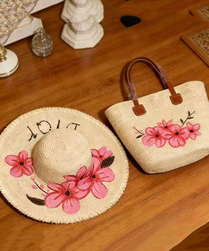 Casual Pink Flower Print Straw Woven Floppy Sun Hat And Shoulder Handbag Two Pieces Set