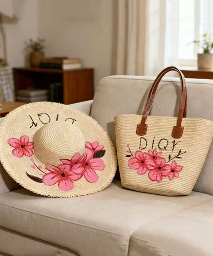 Casual Pink Flower Print Straw Woven Floppy Sun Hat And Shoulder Handbag Two Pieces Set