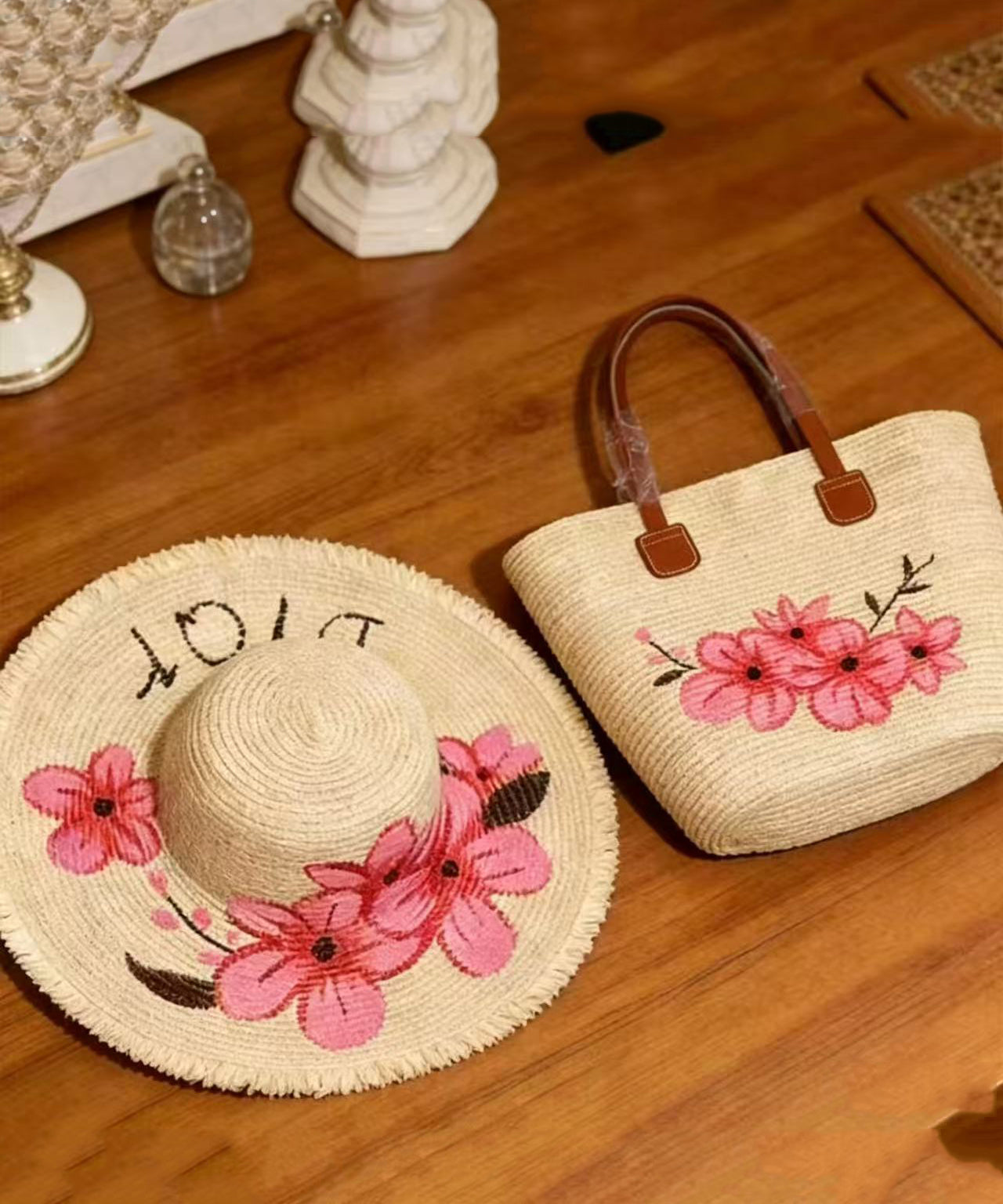 Casual Pink Flower Print Straw Woven Floppy Sun Hat And Shoulder Handbag Two Pieces Set