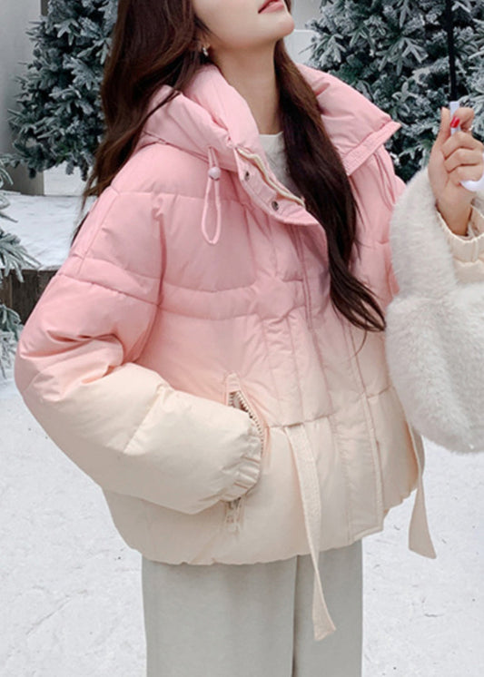 Casual Pink Gradient Color Hooded Zippered Duck Down Coats Winter