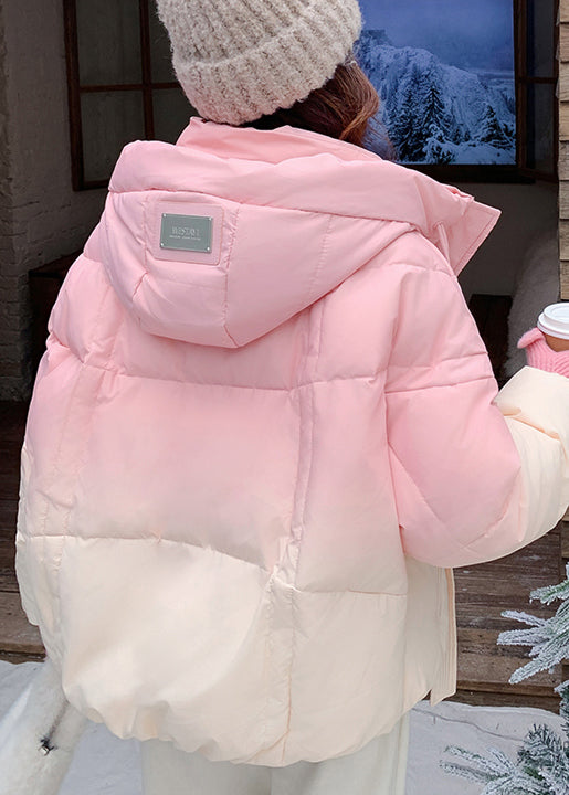Casual Pink Gradient Color Hooded Zippered Duck Down Coats Winter