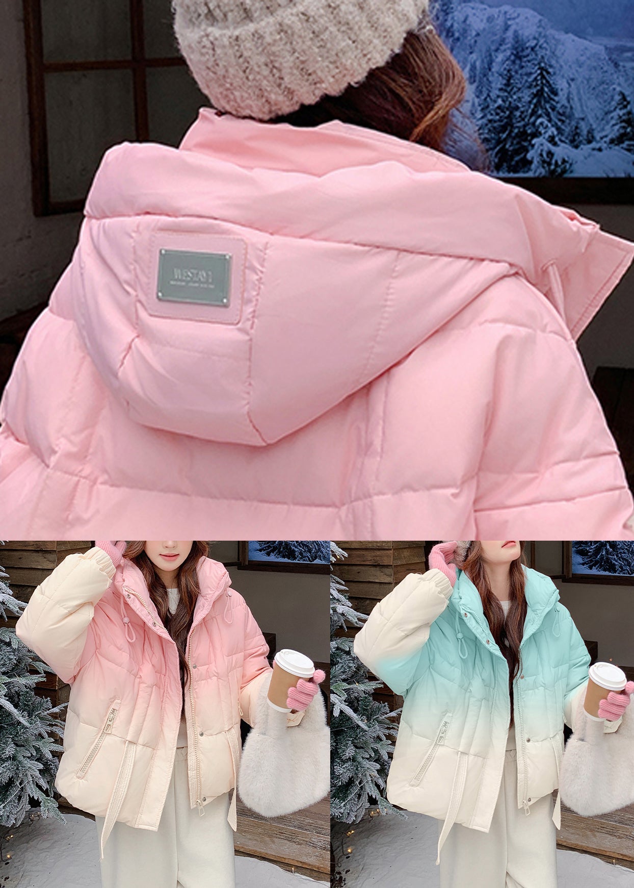 Casual Pink Gradient Color Hooded Zippered Duck Down Coats Winter