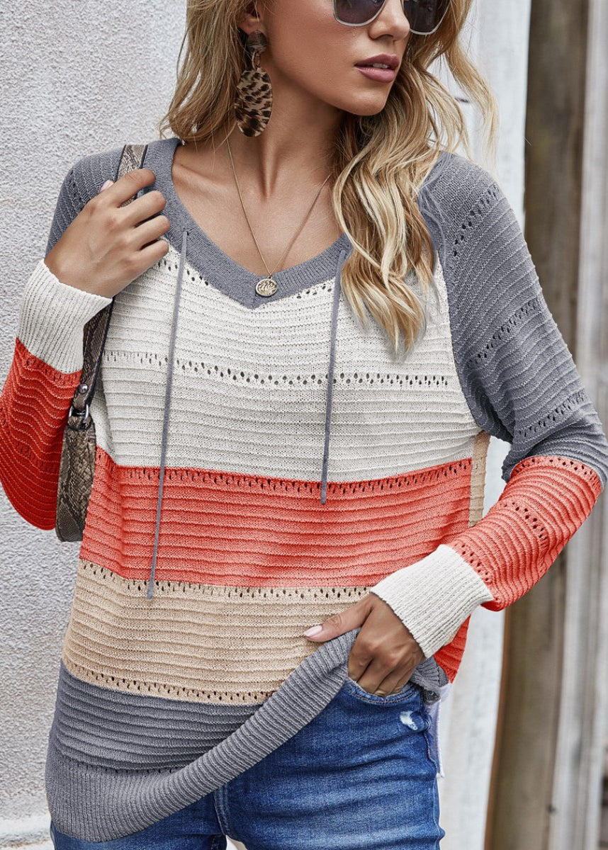 Casual Pink Hooded Hollow Out Thin Knit Top Fall