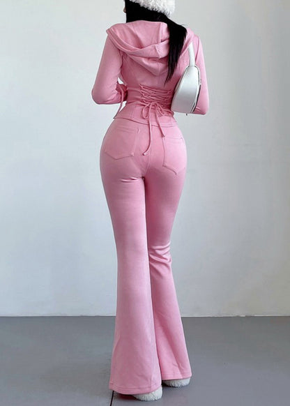Casual Pink Hooded Zip Up Sports Top And Flared Pants Two Piece Set Women Clothing Fall