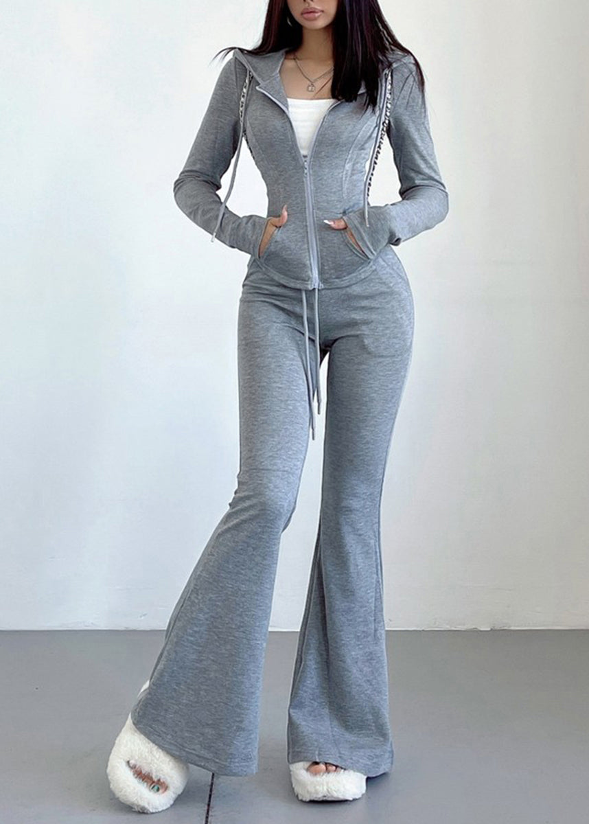 Casual Pink Hooded Zip Up Sports Top And Flared Pants Two Piece Set Women Clothing Fall