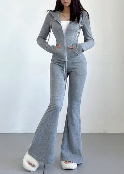Casual Pink Hooded Zip Up Sports Top And Flared Pants Two Piece Set Women Clothing Fall