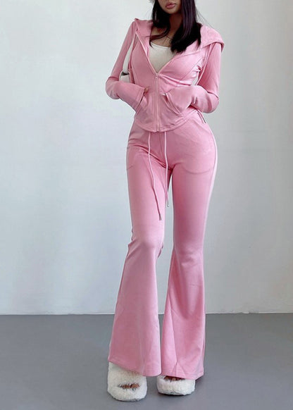 Casual Pink Hooded Zip Up Sports Top And Flared Pants Two Piece Set Women Clothing Fall