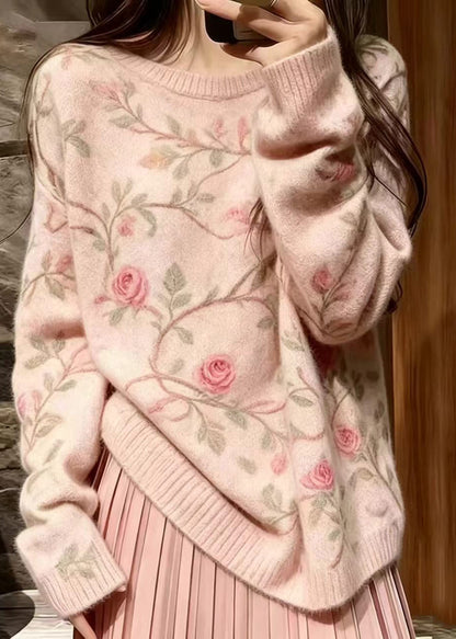 Casual Pink O-Neck Floral Knit Shirts Long Sleeve