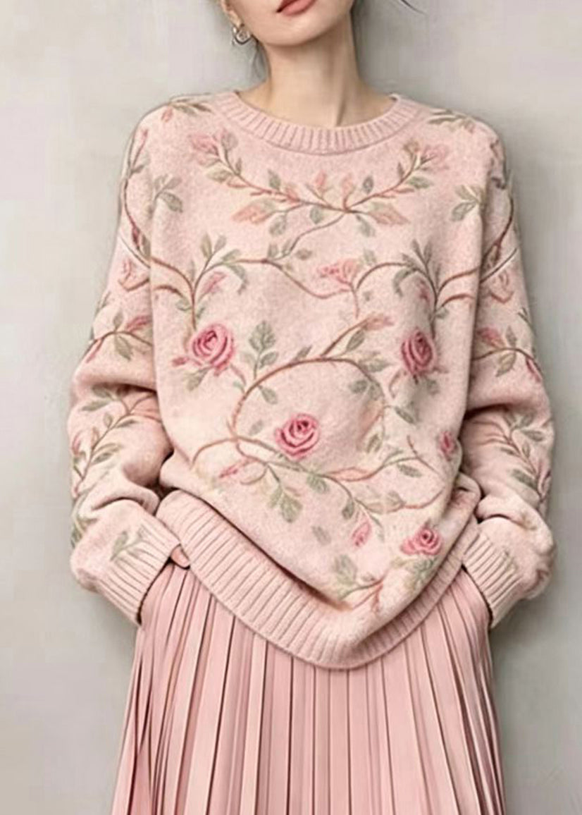 Casual Pink O-Neck Floral Knit Shirts Long Sleeve
