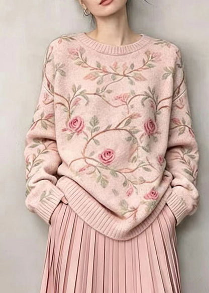Casual Pink O-Neck Floral Knit Shirts Long Sleeve