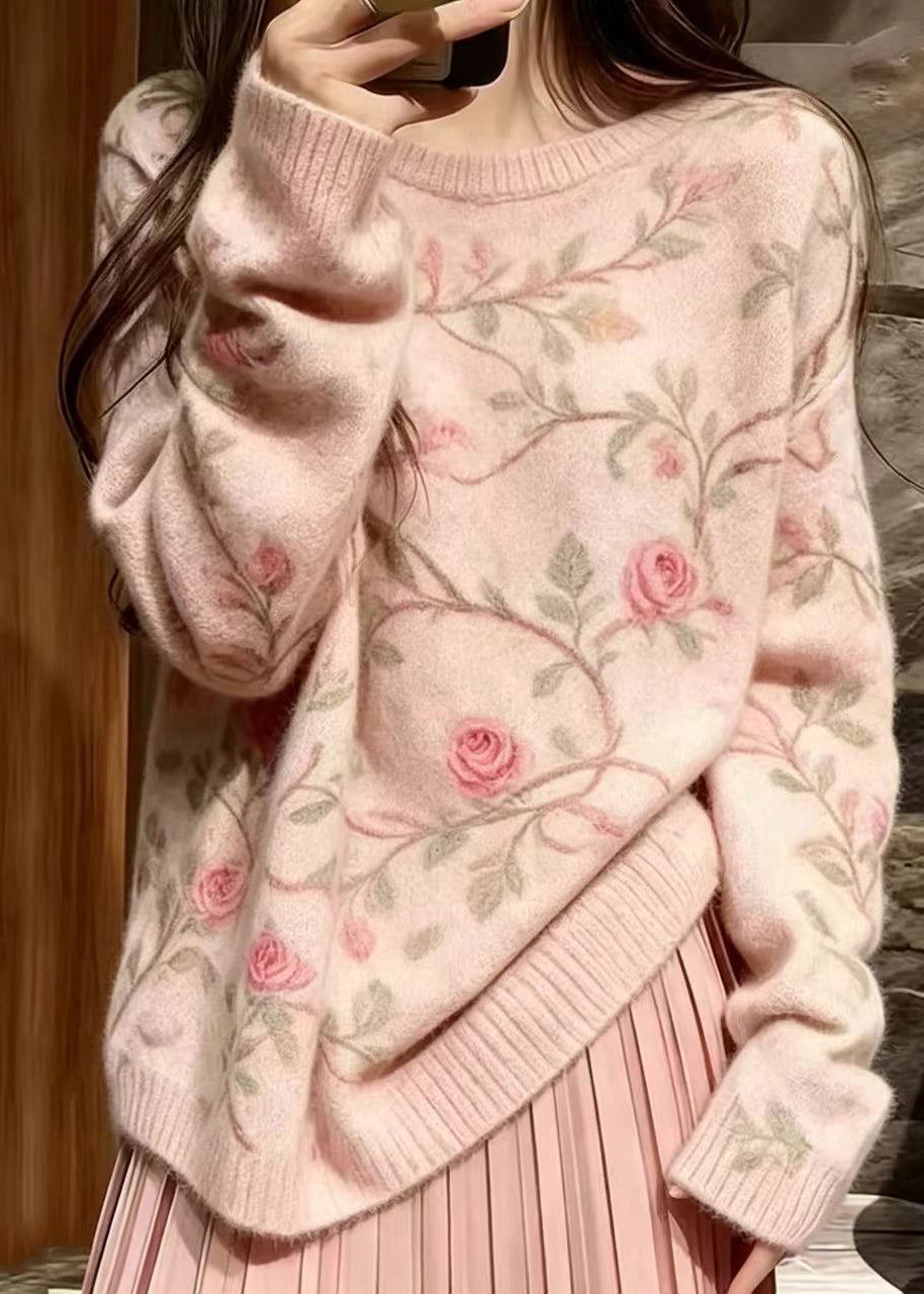 Casual Pink O-Neck Floral Knit Shirts Long Sleeve