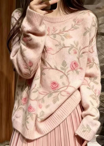 Casual Pink O-Neck Floral Knit Shirts Long Sleeve