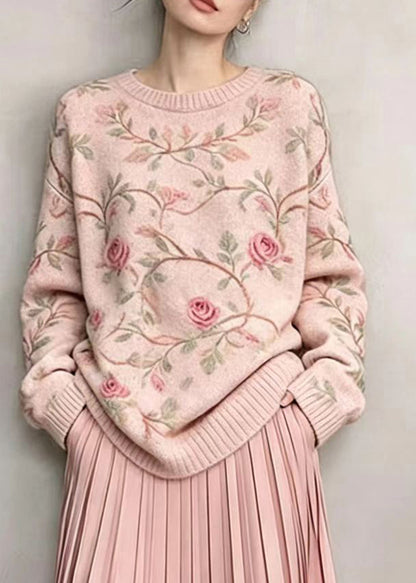 Casual Pink O-Neck Floral Knit Shirts Long Sleeve