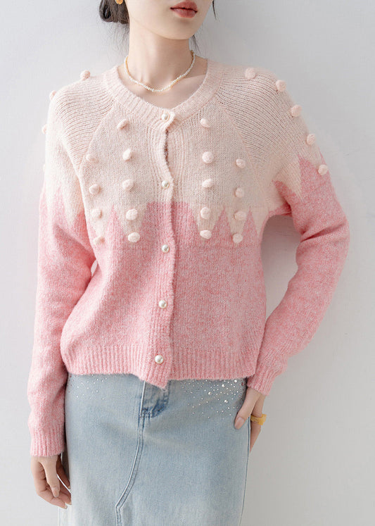 Casual Pink O Neck Fuzzy Ball Decorated Knit Cardigans Spring