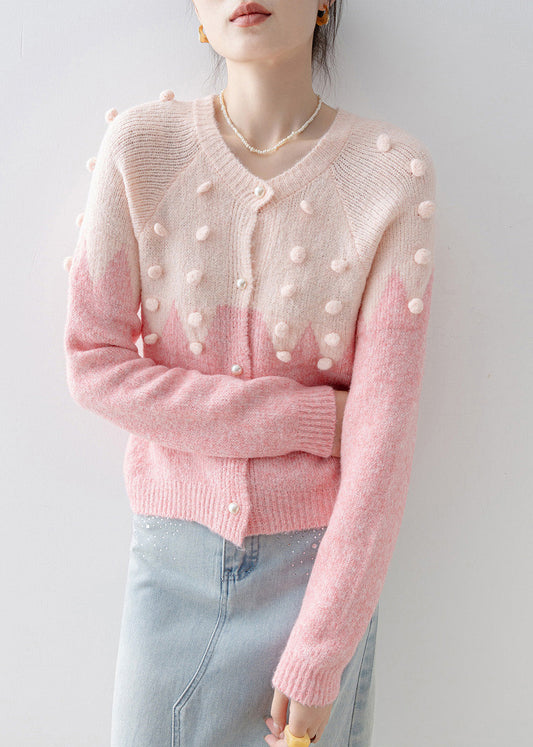 Casual Pink O Neck Fuzzy Ball Decorated Knit Cardigans Spring