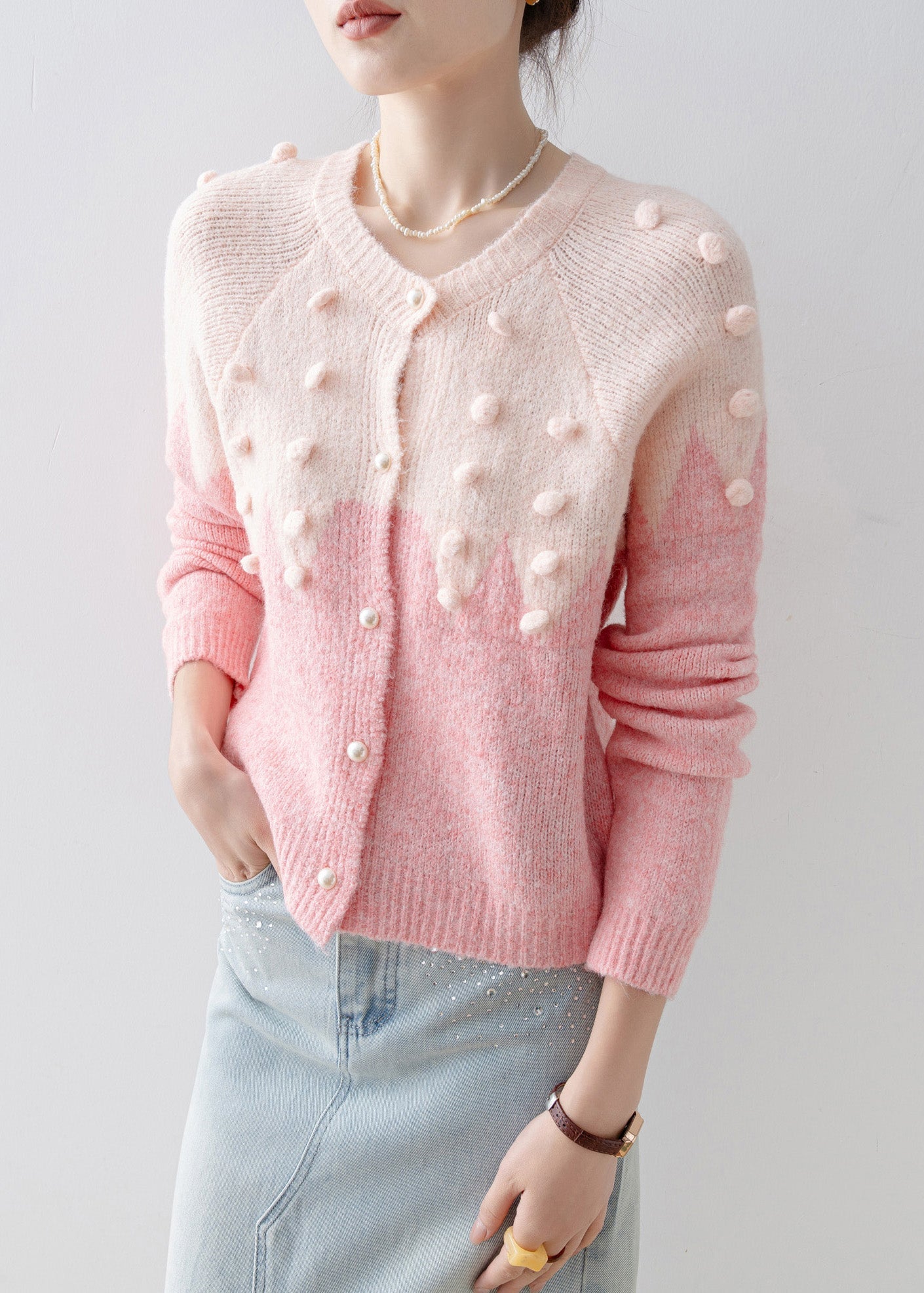Casual Pink O Neck Fuzzy Ball Decorated Knit Cardigans Spring
