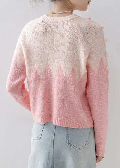 Casual Pink O Neck Fuzzy Ball Decorated Knit Cardigans Spring