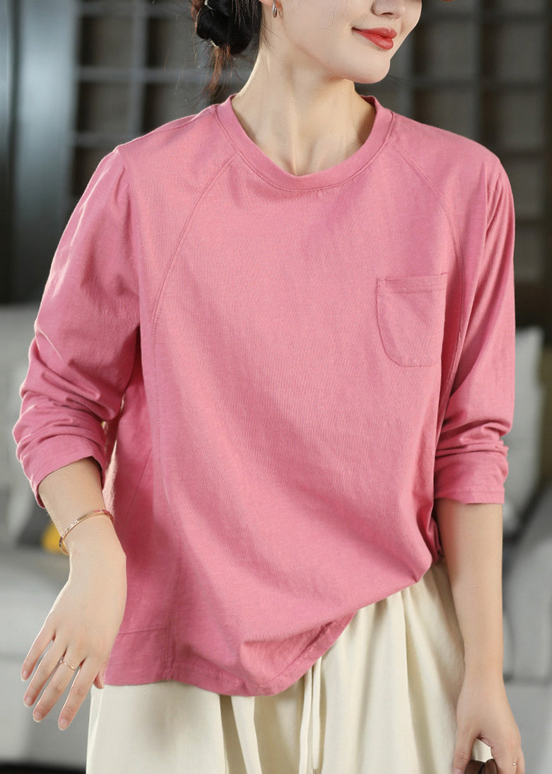 Casual Pink O Neck Patchwork Cotton T Shirts Fall