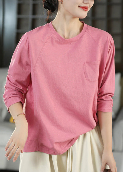 Casual Pink O Neck Patchwork Cotton T Shirts Fall