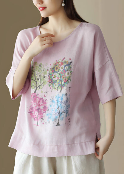 Casual Pink O Neck Print Loose Cotton T Shirt Summer