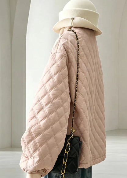 Casual Pink O-Neck Quilted Cotton Filled Jackets Winter