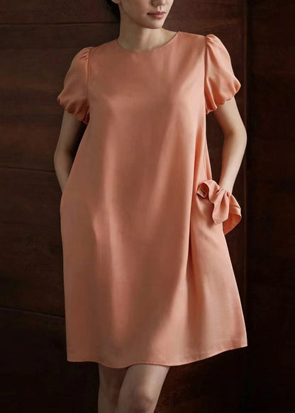 Casual Pink O-Neck Shift Dress Puff Sleeve