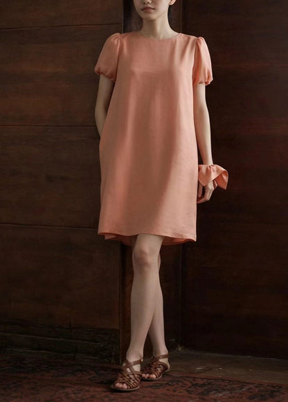 Casual Pink O-Neck Shift Dress Puff Sleeve