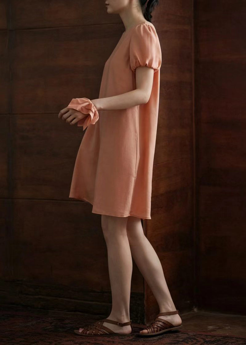 Casual Pink O-Neck Shift Dress Puff Sleeve