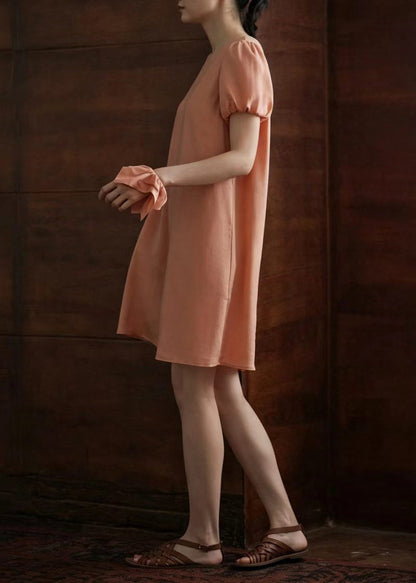 Casual Pink O-Neck Shift Dress Puff Sleeve