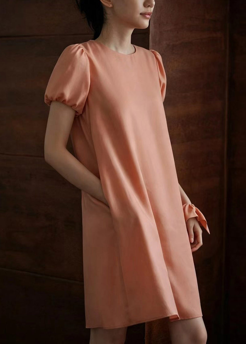 Casual Pink O-Neck Shift Dress Puff Sleeve