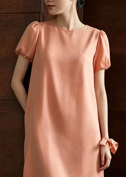 Casual Pink O-Neck Shift Dress Puff Sleeve