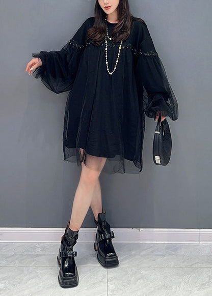 Casual Pink O Neck Tulle Patchwork Cotton Mid Dresses Fall