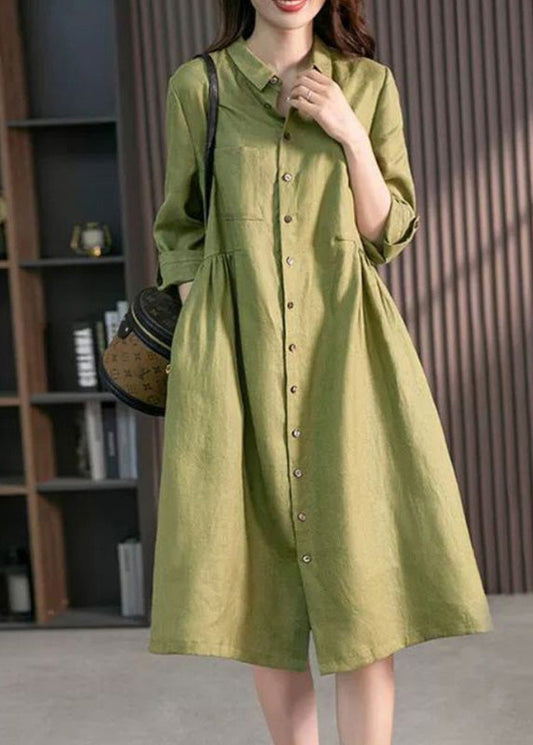 Casual Pink Peter Pan Collar Button Wrinkled Maxi Dresses Long Sleeve