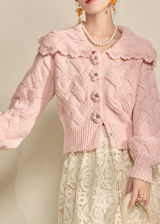 Casual Pink Peter Pan Collar Floral Cotton Knit Cardigans Lantern Sleeve