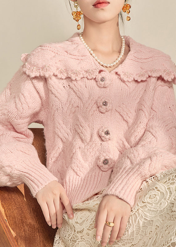 Casual Pink Peter Pan Collar Floral Cotton Knit Cardigans Lantern Sleeve