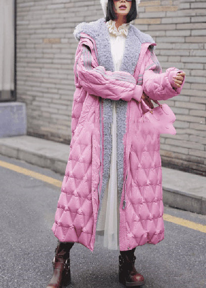Casual Pink Peter Pan Collar Plaid Fleece Wool Lined Maxi Parka Winter