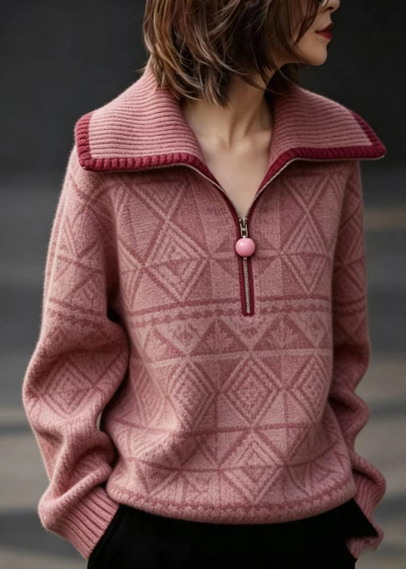 Casual Pink Peter Pan Collar Zippered Knit Sweater Fall