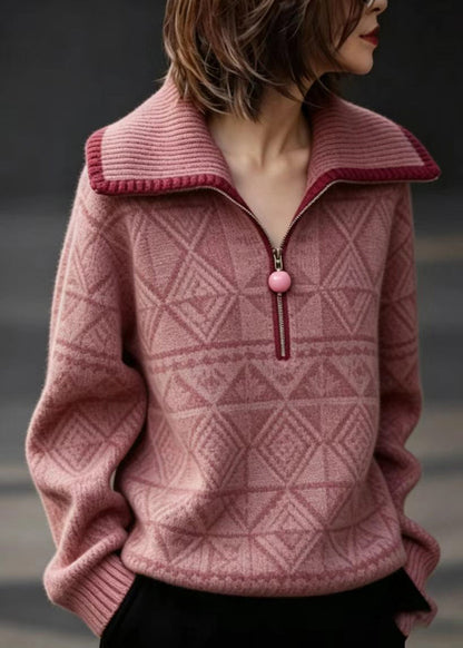 Casual Pink Peter Pan Collar Zippered Knit Sweater Fall