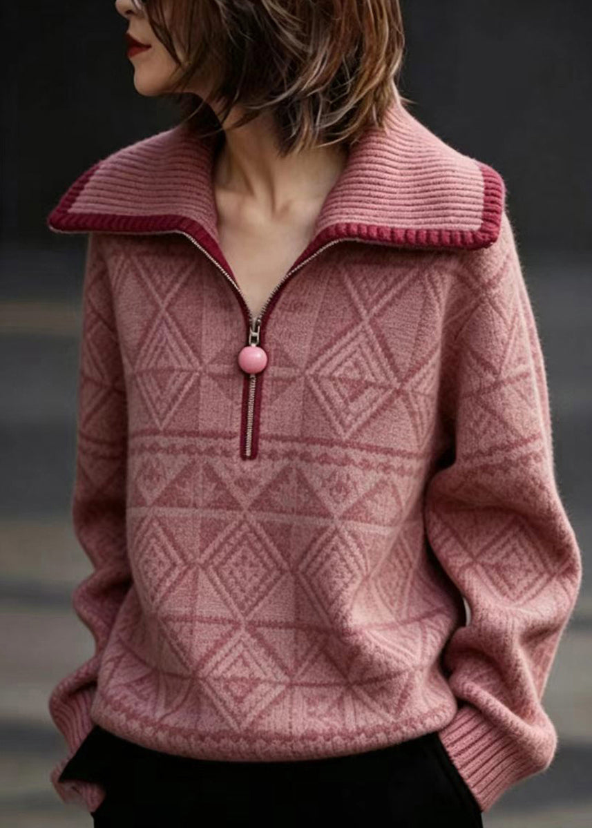 Casual Pink Peter Pan Collar Zippered Knit Sweater Fall