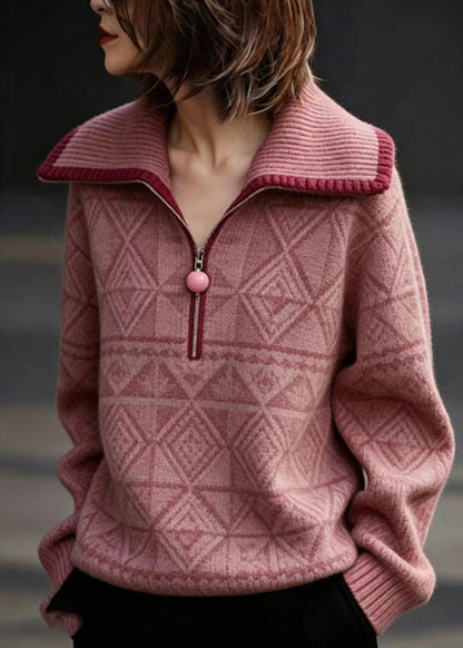 Casual Pink Peter Pan Collar Zippered Knit Sweater Fall