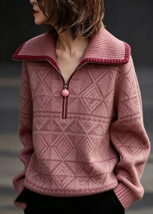 Casual Pink Peter Pan Collar Zippered Knit Sweater Fall