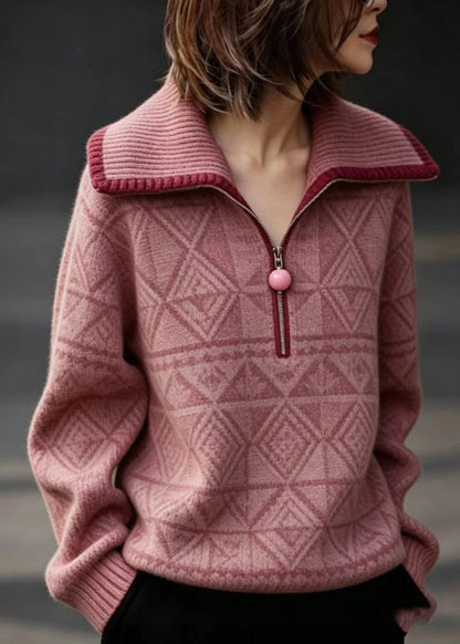 Casual Pink Peter Pan Collar Zippered Knit Sweater Fall
